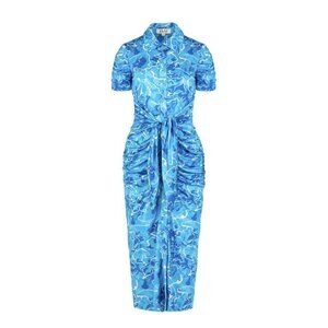 Stretchy Jersey Shirt Midi Dress - Ruched Bodycon Pool Water Print Summer Beach